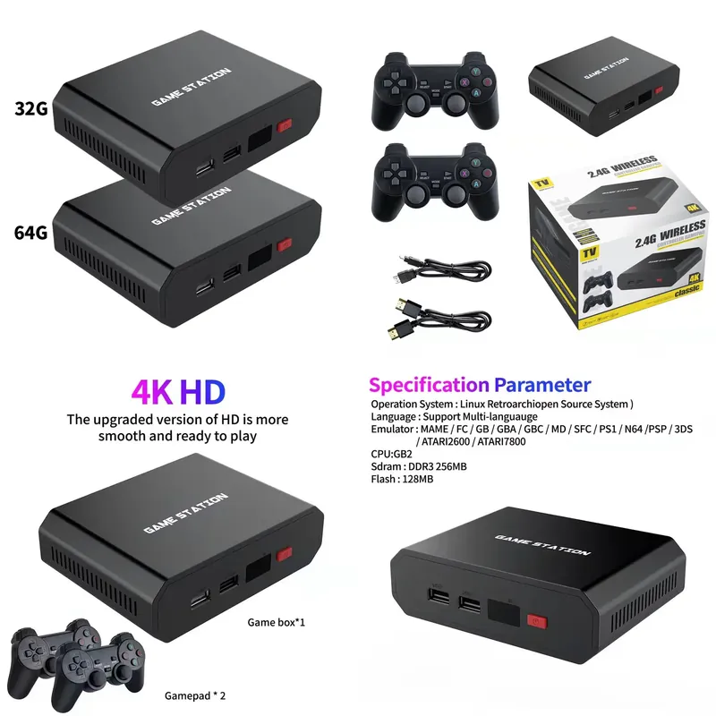 Gaming Consoles - เครื่องเล่นวิดีโอเกม M8plus HD พร้อมกล่องคอนโซล คอนโทรลเลอร์ไร้สายคู่ 2.4G