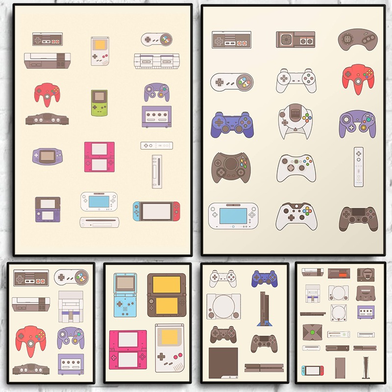 Gaming Consoles - โปสเตอร์วิดีโอเกมแบบพกพาและคอนโซล ภาพพิมพ์บนผ้าใบลายเกมแพด ตกแต่งผนังห้องเล่นเกม ห้องแมนเคฟ ของตกแต่งบ้าน